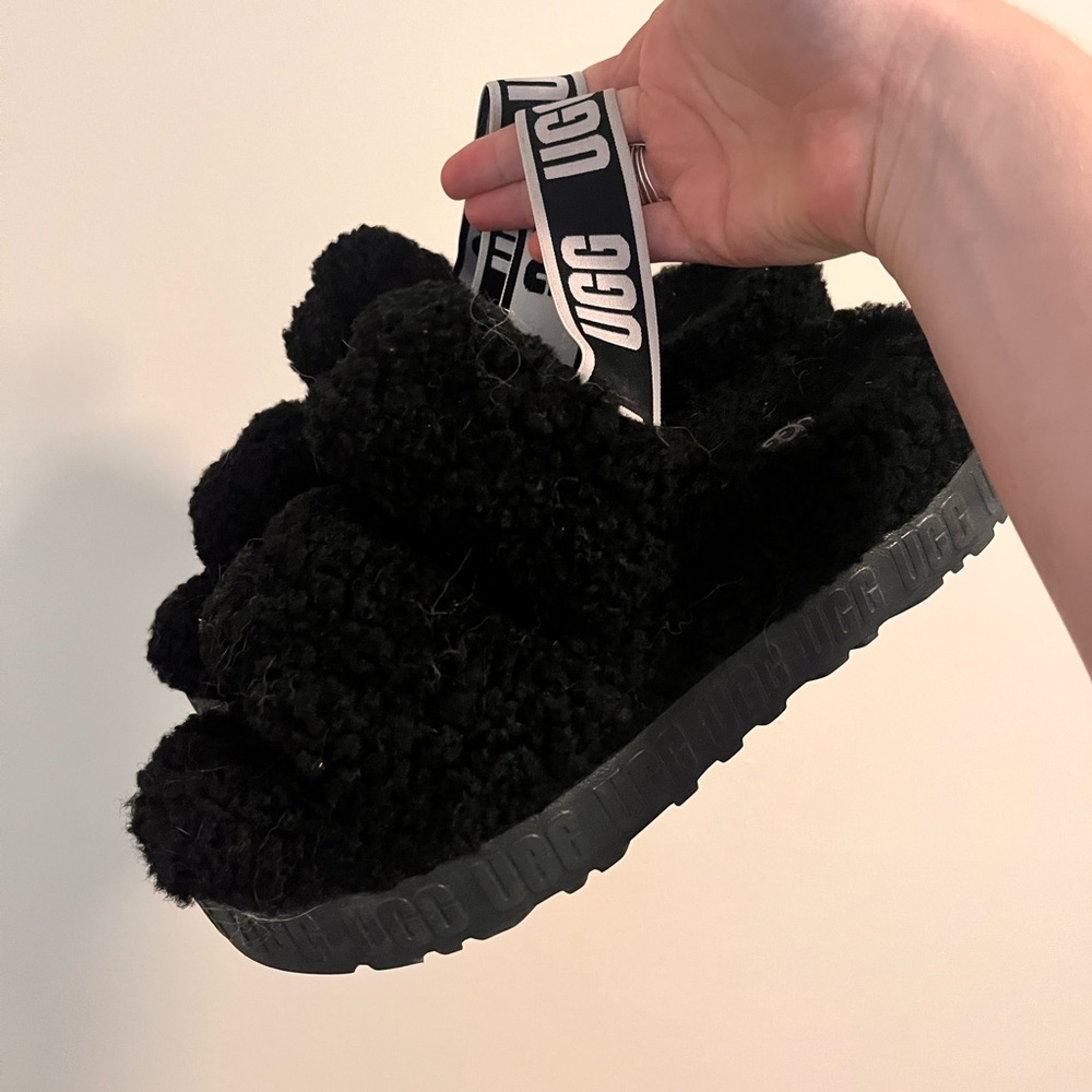 UGG Black Fluffy Slide Sandals